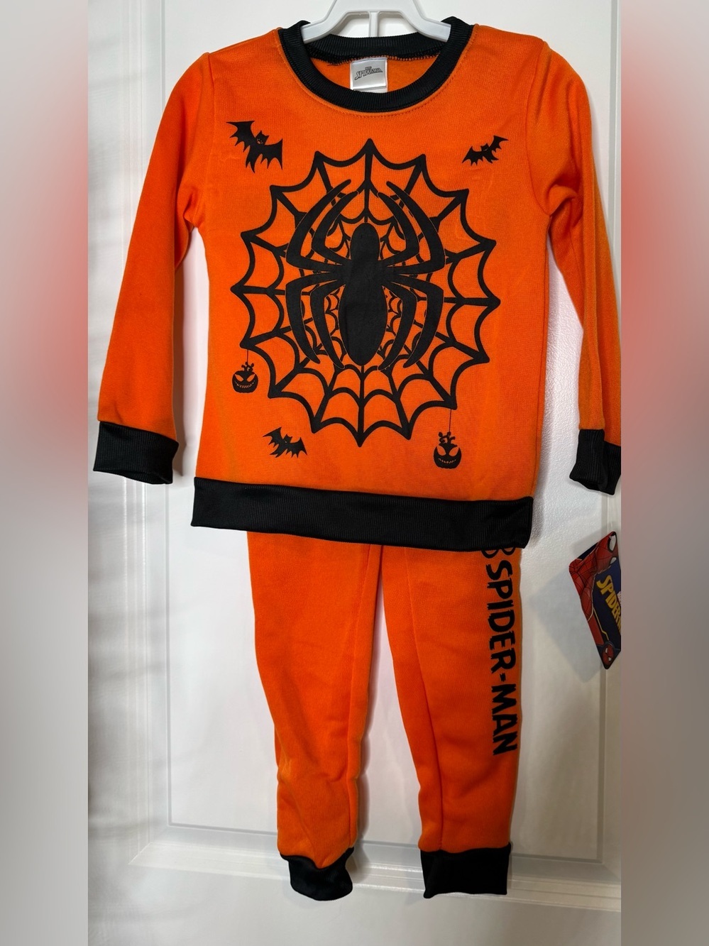 Marvel Orange Black Spider-Web Spider-Man outfit set Sz 5 fleece lined Halloween